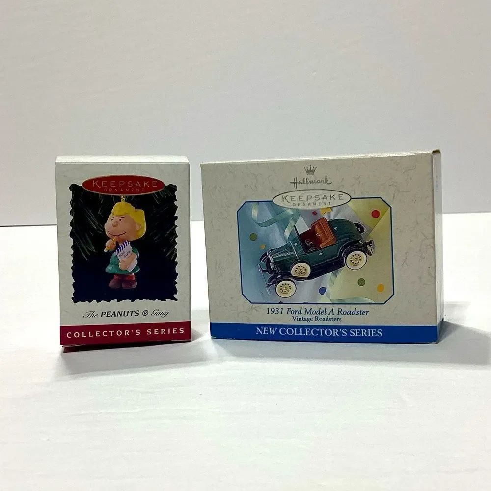 Set of 2 vintage Hallmark Keepsake Ornaments Ford Roadster and Sally